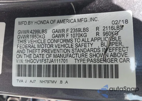 2018 Honda Accord Ex-L from USA, damaged, VIN 1HGCV1F57JA111701